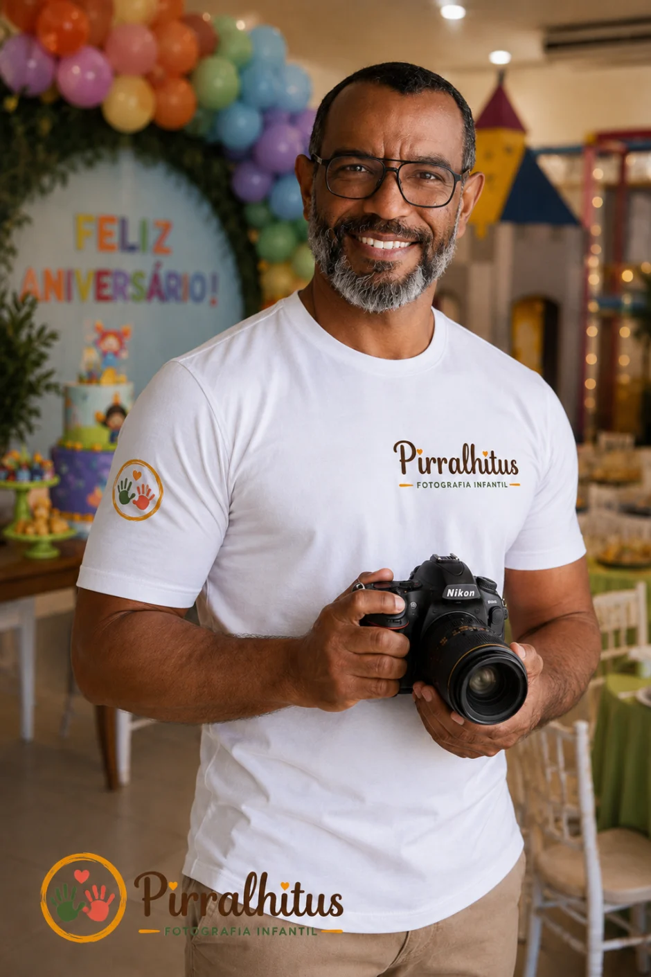 JL Tavares, fotógrafo de festa infantil no Rio de Janeiro, segurando câmera profissional Nikon em salão de festas decorado com balões e bolo de aniversário, especialista em aniversário infantil em Jacarepaguá, Barra da Tijuca, Recreio e Tijuca, Pirralhitus Fotografia Infantil